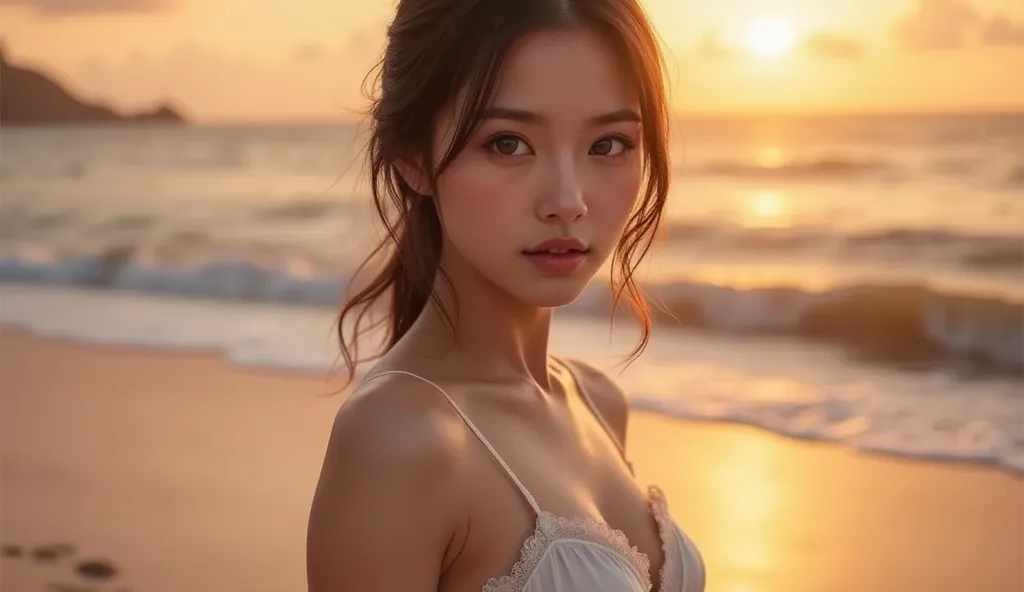 A legendary woman walking along a deserted beach at sunset, close-up portrait, wearing a flowing sexy white skirt. The sky is painted with warm orange and pink hues, and the waves gently crash on the shore. She leaves faint footprints in the sand as she di...