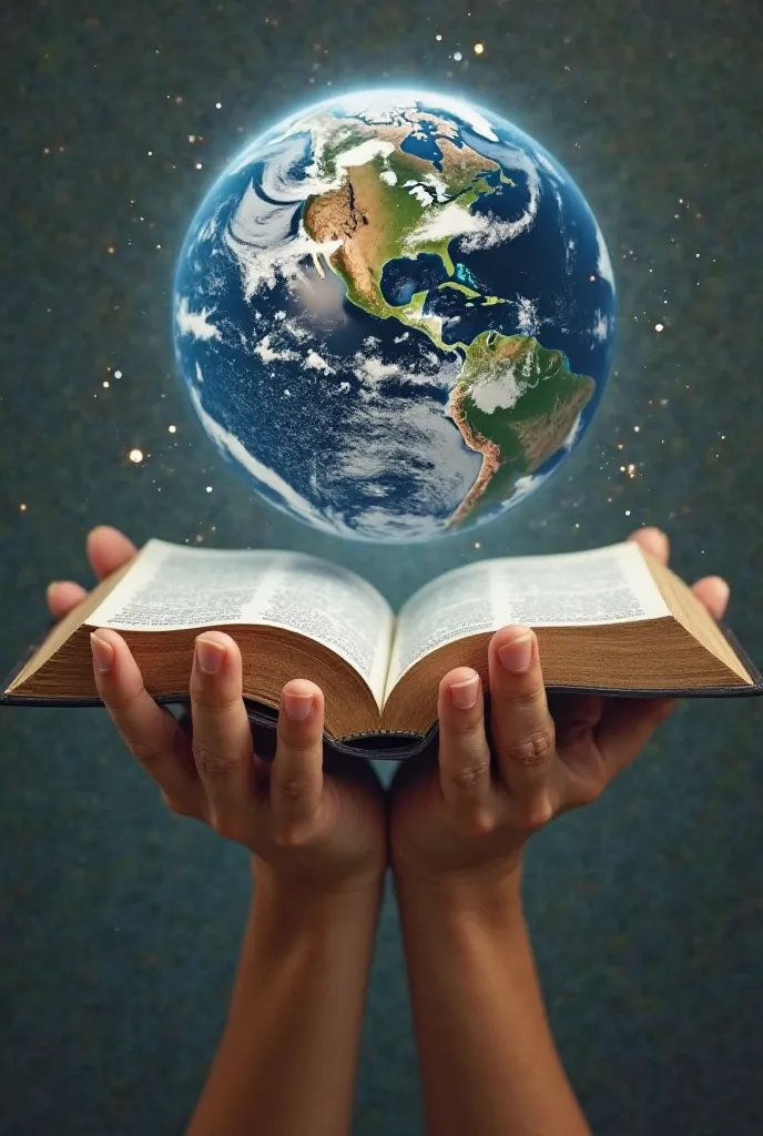 Two hands coming out from the bottom, each with five fingers ,  holding an open Bible .  Above the Bible , place a realistic planet Earth floating on the pages. The hands must be detailed and the Bible must be large and clearly visible, with planet Earth p...