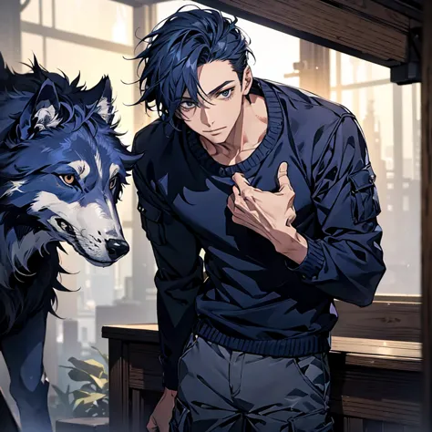 (Best picture quality, High res, Very high res), abstract, masculine, dark blue hair, 33 years old, dark blue eyes, jacket, sweater, cargo pants, dark blue gaze, calm, quiet, gentle smile, observatory, with wolf, dawn