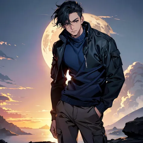 (Best picture quality, High res, Very high res), abstract, masculine, dark blue hair, 33 years old, dark blue eyes, jacket, sweater, cargo pants, dark blue gaze, calm, quiet, gentle smile, observatory, with wolf, dawn