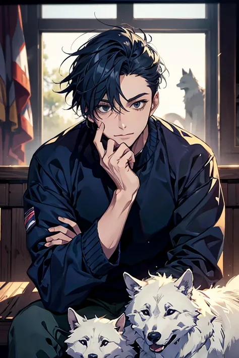 (Best picture quality, High res, Very high res), abstract, masculine, dark blue hair, 33 years old, dark blue eyes, jacket, sweater, cargo pants, dark blue gaze, calm, quiet, gentle smile, observatory, with wolf, dawn