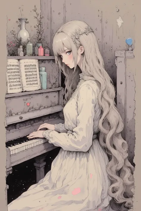 ((She plays the piano. She's looking at the music score.)), (((profile))), side view, from side, quality, High Definition model, high detail, (((The textures are soft))), ((matte and toy-like with a handmade premium look)), (((Tim Burton style))), beautifu...