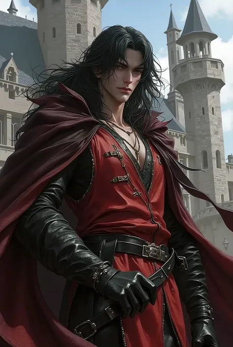 man with dark skin, long black hair, dressed in a red medieval tabard, black leather gloves, torn cloak with voluminous black hair on the shoulders, look of superiority and sarcastic smile, castle