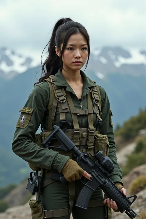 Beautiful Japanese woman in the US military、special forces、Parachute troops、automatic rifle、Heavy parachute equipment