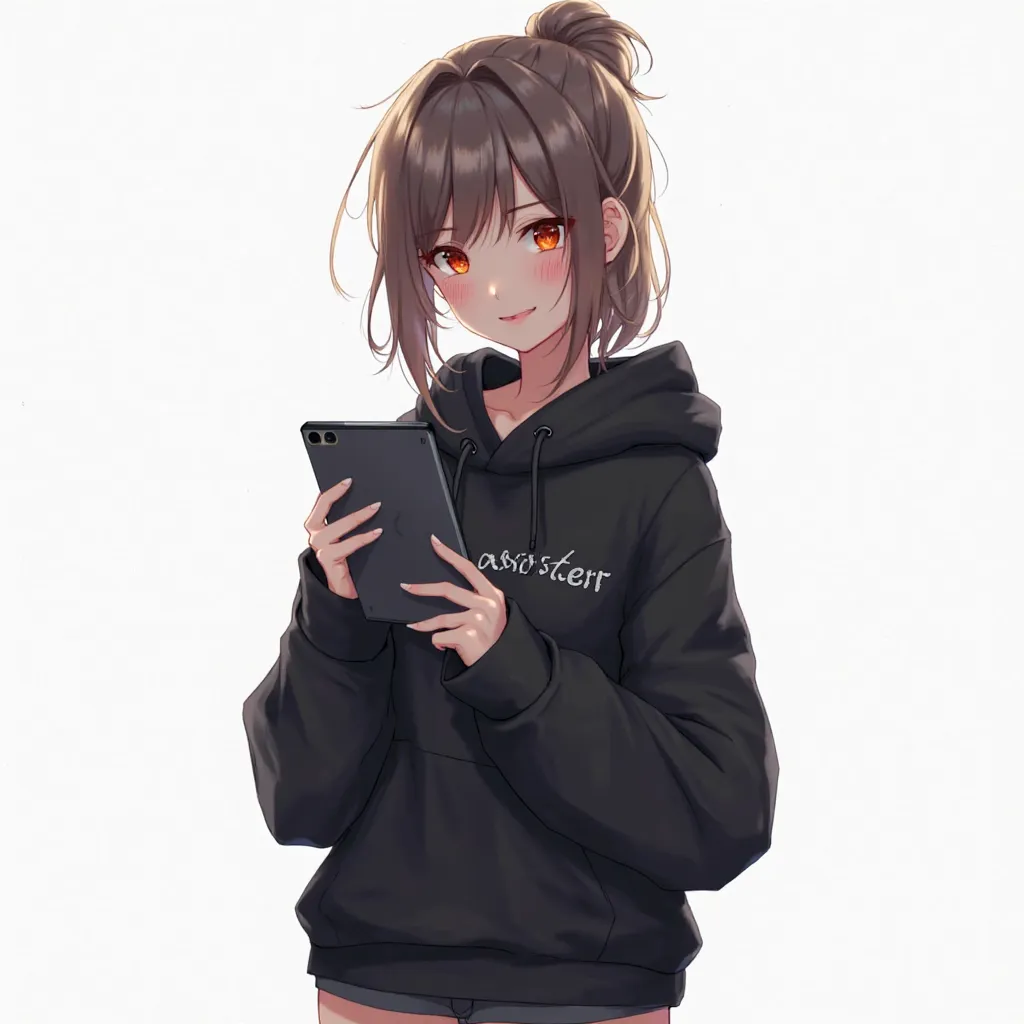 create a sexy anime girl in black hoodie smiling... there is a text "ASSISTERR" on her hoodie.... she is also holding a tablet. make background white