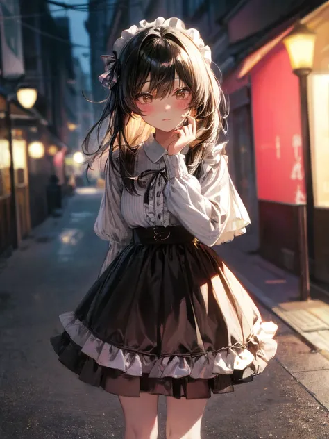  1giri,   (best quality, masterpiece, Impressionism, high score, GREAT SCORE, ultra detailed, absurdres, absolutely resolution), standing, fullbody shot, , 
A Jirai-kei girl with long black hair and straight bangs, exuding a fragile yet dark aura. She wear...