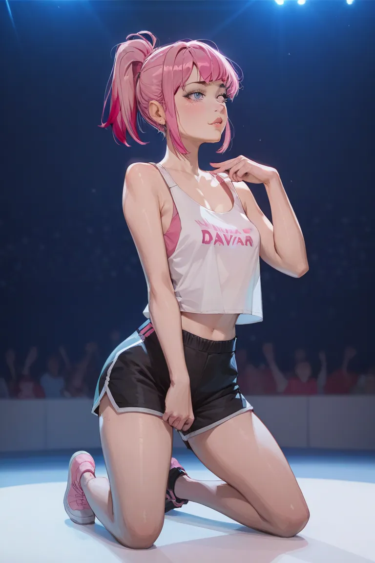 1 girl, short pale pink ponytail hair, dark pink highlights, small breasts, kneeling, top dawn, pink string tank top, black sports shorts, leags apart, show stage