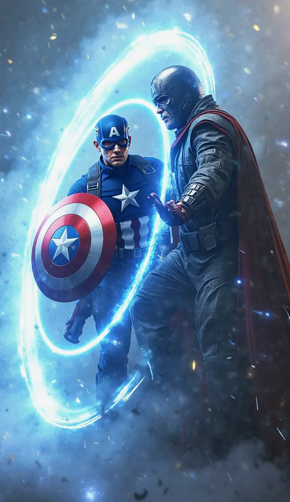 A hyper-realistic HD image of Captain America spinning his shield rapidly, activating the 'Time Enhancer.' A blue energy wave radiates outward as time slows to a stop. Doctor Doom is frozen mid-attack, his laser gauntlet still charging. The background has ...