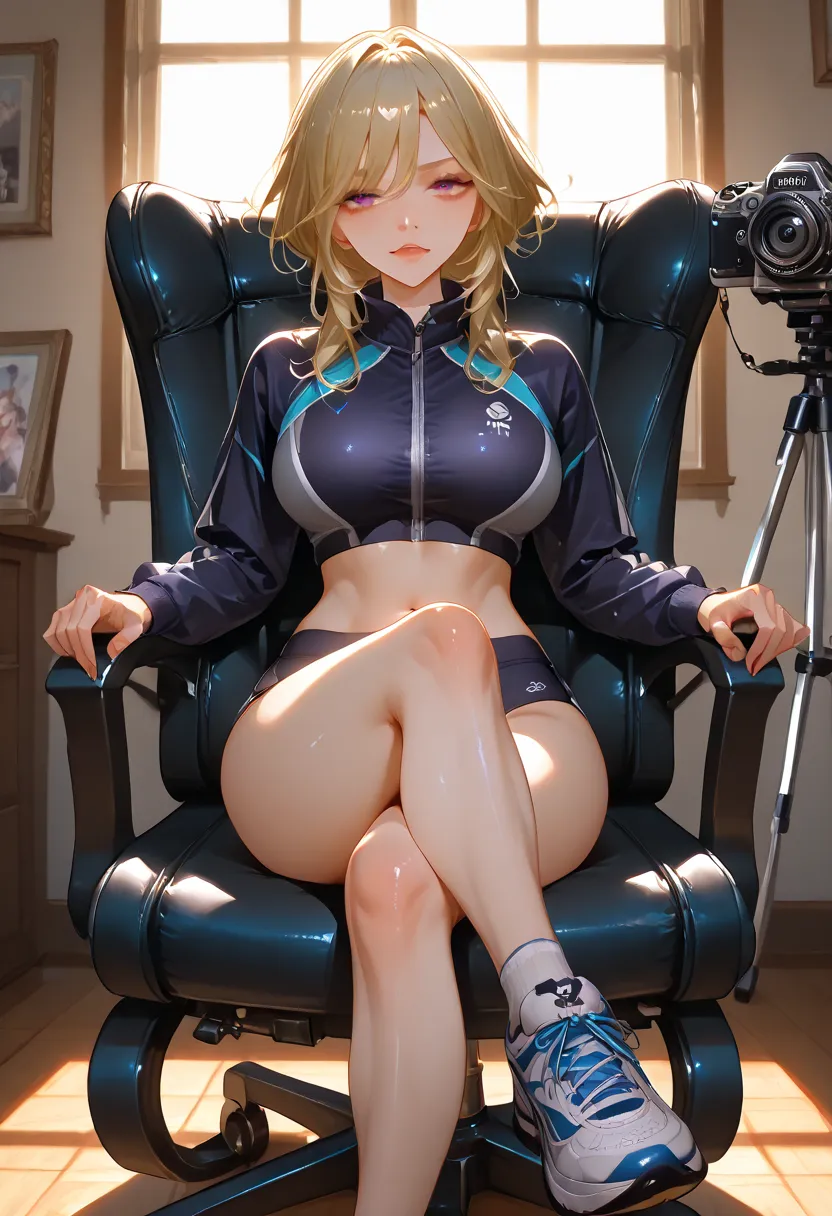 Pictures of adult milf busty paimon sitting in chair crossed leg sit like a boss pose , camera front facing,  sunray raydust through window hdr lighting, wear sports wear. Warm tone 