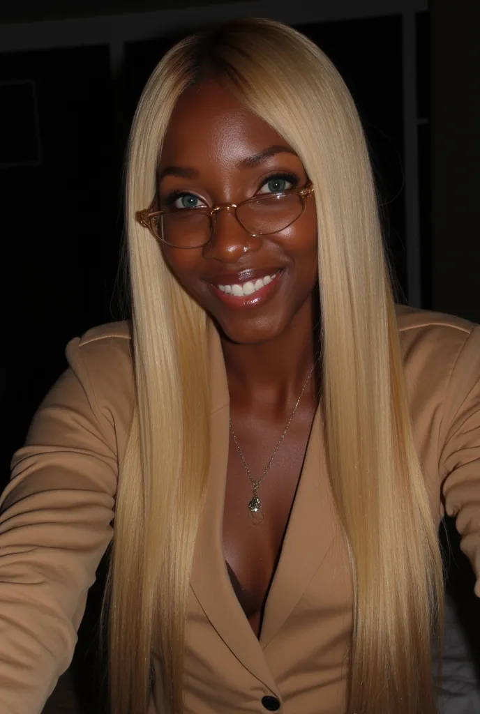 Closeup selfie style photo of a beautiful, black woman with long, flowing straight but straight blonde hair with no dark roots. Her skin is light brown. Her striking blue green eyes and flawless, glowing complexion are highlighted by her natural makeup, ro...