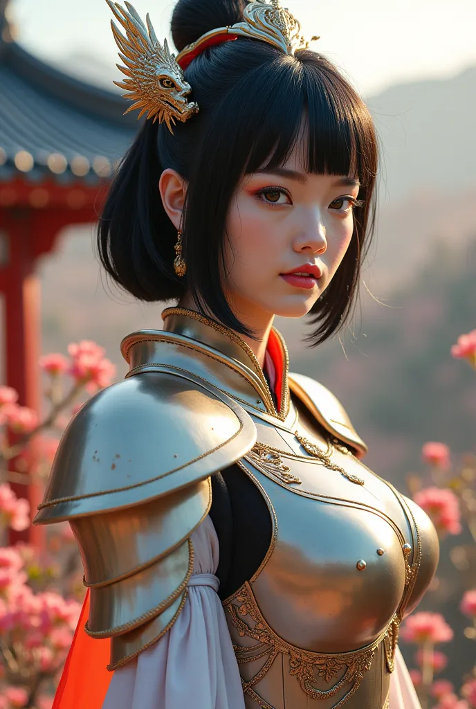  1 Japanese beauty ,  A full-body goddess wearing intricate armor who rules white dragons 、Temple Background、（photorealistic:1.4）、perfect anatomy in the flower park、Glowing Skin、 black hair、 bob cut hair、 with straight eyebrows and bangs 、A nicely aligned ...