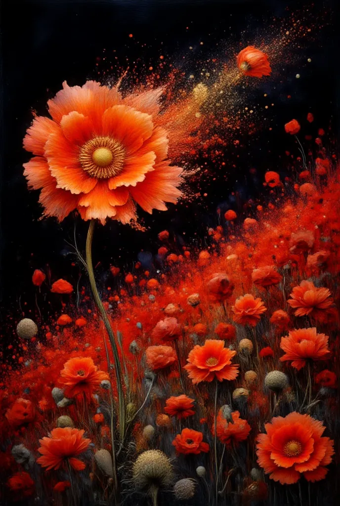 Dramatic oil painting style of a close-up poppy flower with intricate gold pistils and center, fine gold dust particles floating away in the wind creating magical sparkles against the stark black and red background, multiple crimson poppies stretching into...