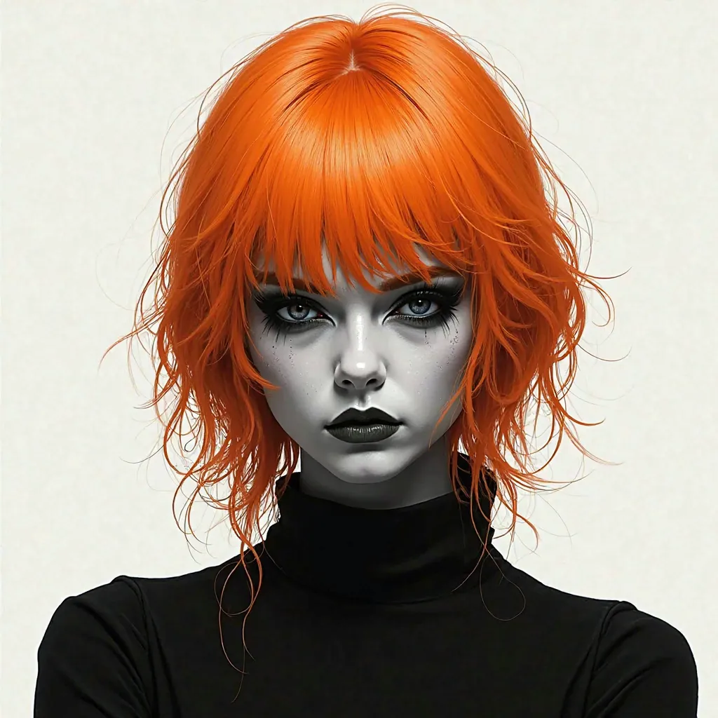 an orange-haired person with a blank face in black and white