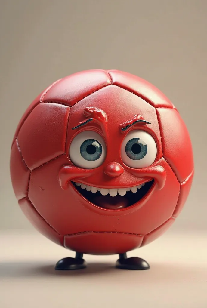 A soccer ball with a human face,The ball is red,Smiling