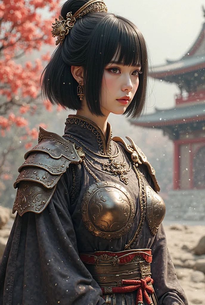  1 Japanese beauty ,  A full-body goddess wearing intricate armor who rules white dragons 、Temple Background、（photorealistic:1.4）、perfect anatomy in the flower park、Glowing Skin、 black hair、 bob cut hair、 with straight eyebrows and bangs 、A nicely aligned ...