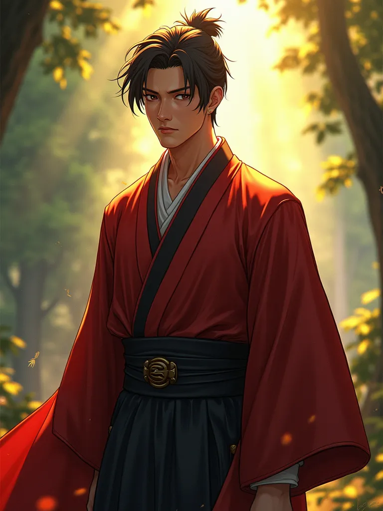 Tom in an Akatsuki dress wrap, man with handsome face and serious expression, standing upright with strong posture, background of dense forest landscape with sunlight breaking through from above, warm sunlight effect, delicate clothing texture and high det...