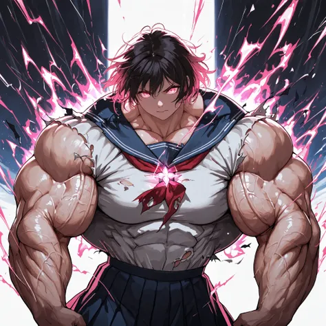 best quality, masterpiece, ultra-detailed, 8k resolution,female  transformation sequence,, muscular , glowing energy effects, torn clothing,sailor Uniform, dynamic pose, white background, cinematic lighting, detailed anatomy, dramatic atmosphere, high cont...