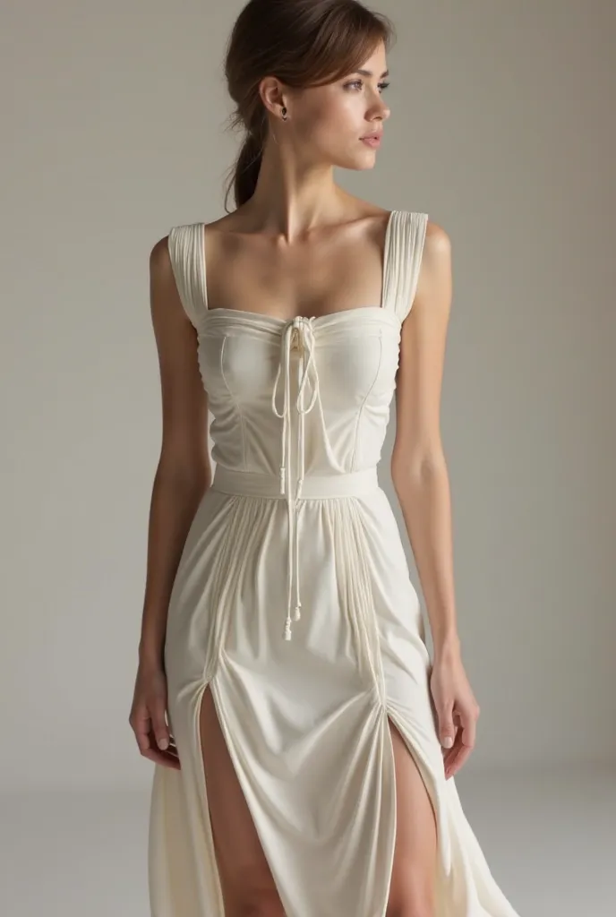 Dress with slit on both sides, square neckline and drawstring tie 