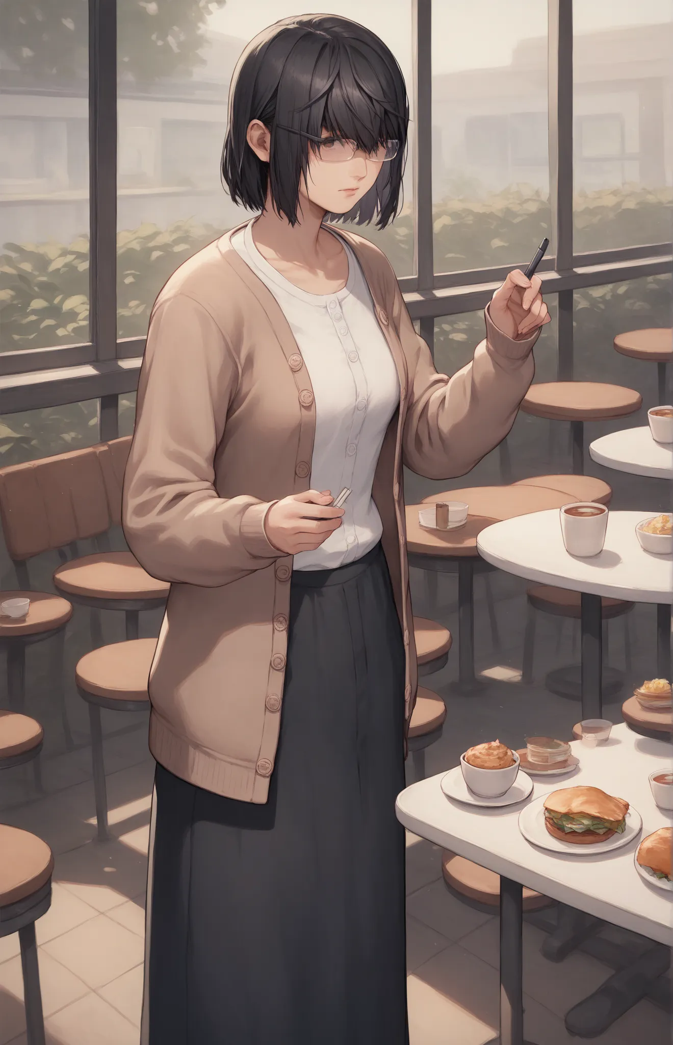 score_9, score_8, score_7, source_anime, rating_general, shirosakisaori, glasses, cardigan, black skirt, long skirt, 1girl, solo, cafe,