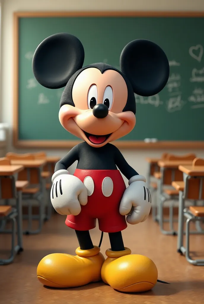 "Create a cute realistic Mickey Mouse character with facial expressions , at a school alone in the classroom with your teacher 