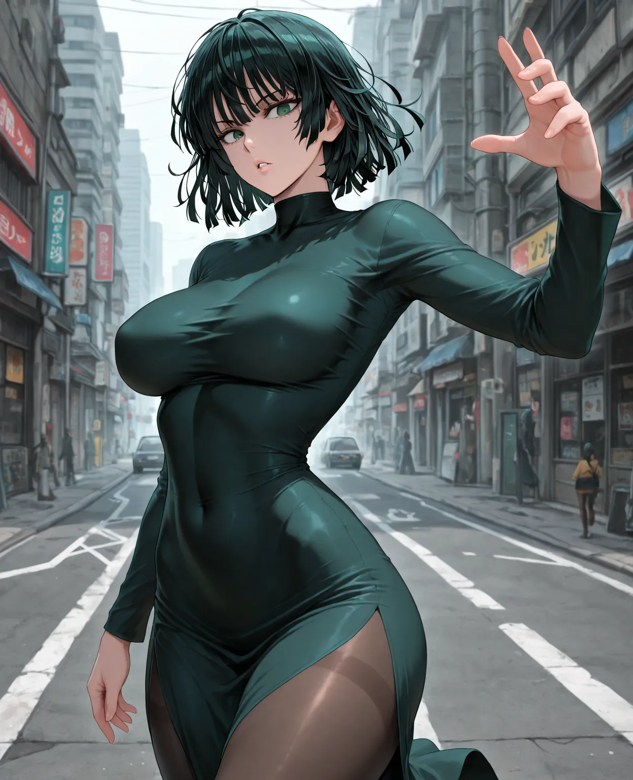 masterpiece, best quality ,amazing quality, absurdres, BREAK 
1lady, solo, tall, adult, fubuki (from one punch man), green eyes, dark hair, medium breast
taut dress, dark green dress, long sleeves, pantyhose, 
expressionless, parted lips
looking at viewer,...