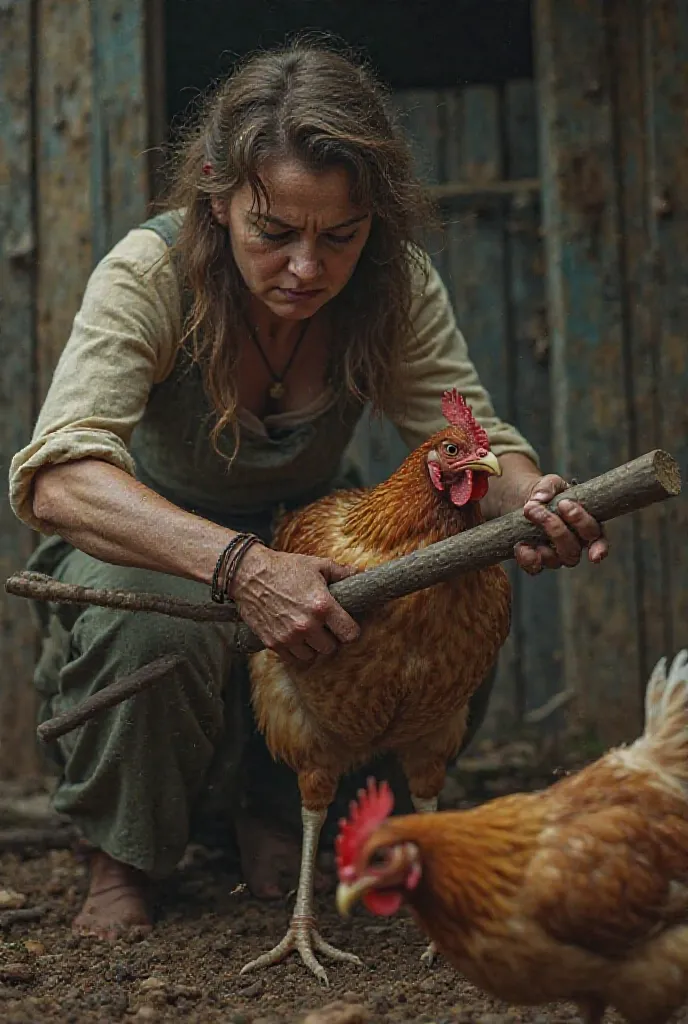 There is a woman beating hen with stick ultra hd realistic 