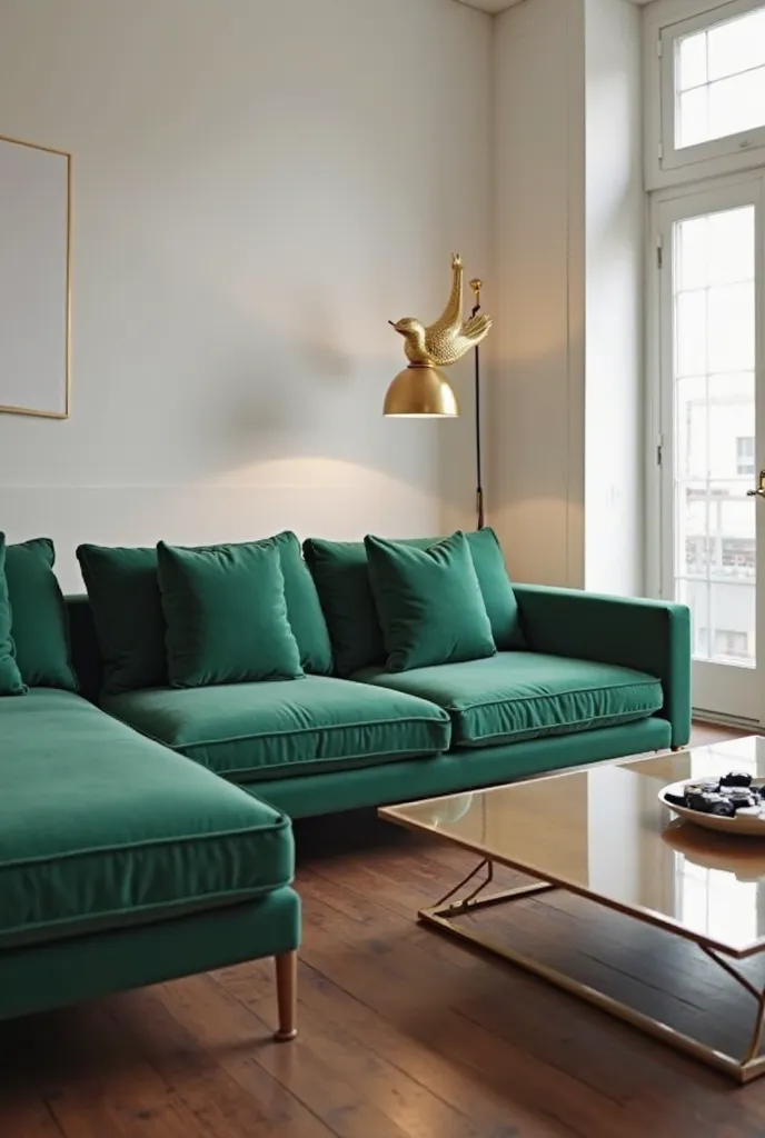 I would like you to create an image with a sofa with a longer part to stretch your legs in jade green that has a table in brown, Clearer clear in front, The living room floor is dark brown, the walls are painted white. I want the other part of the living r...