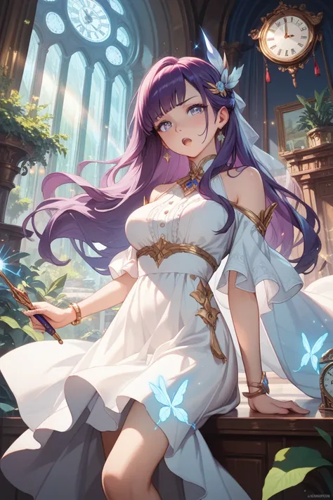 masterpiece, ultra detailed, fern, sexy, long purple hair, Slim figure, medium breasts, A white robe decorated with gold, Like a ager, 1 girl, (a little) shameful, The interior of a giant clock tower, beautiful, beautiful face, frown, open mouth, thrust th...