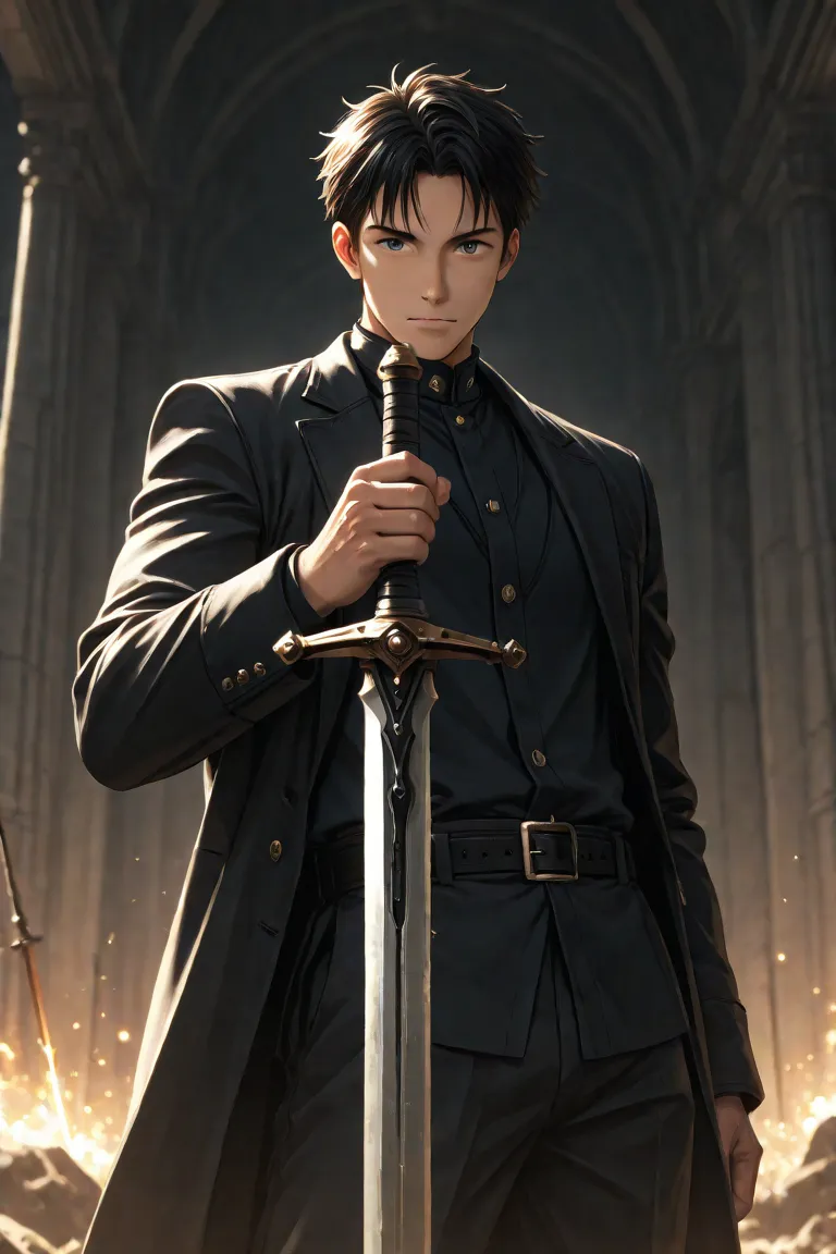 A boy with a sword and a sharp, anime-style look