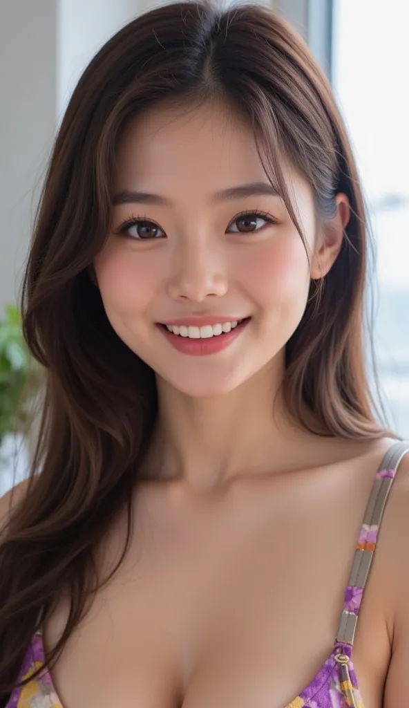 full body portrait,Create a portrait of a young thai woman with an exquisitely beautiful and flawless face,radiant fair skin,and long,glossy dark brown hair. She has an ideal figure with golden proportions that captivate men. She is wearing an alluring out...