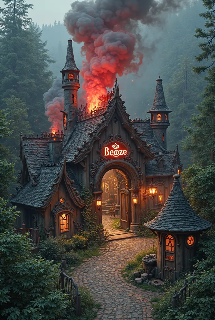 An aerial shot of a mystical village surrounded by lush forests. In the center, a magical factory emits scented smoke in black and red hues. Above the grand entrance, the BEEZE logo glows brightly.