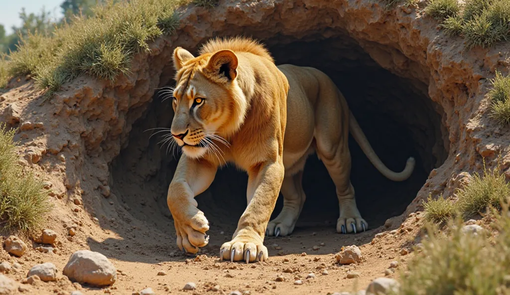 A lioness using her powerful claws to dig a makeshift den in a hillside