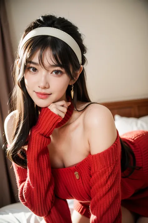 Ayorf ,  siderox ,  gold headband , headdress, red eyes on s bed,  gold earrings , big boobs,  high collar , bare shoulders, black dress, double sided dress, fingerless gloves, thigh boots bbyorf, long hair short hair, White headband , red eyes on s bed,  ...