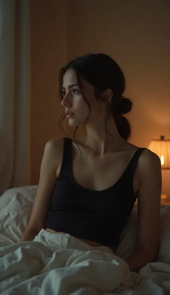 A young woman sitting indoors in a cozy, dimly lit room, wearing a black sleeveless top. Soft bed linens are in the background, creating a relaxed and inviting vibe.