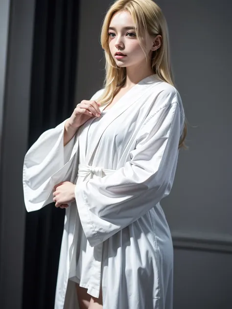 a woman in a robe is holding her hands out, long hair, blonde hair, hair over one eye