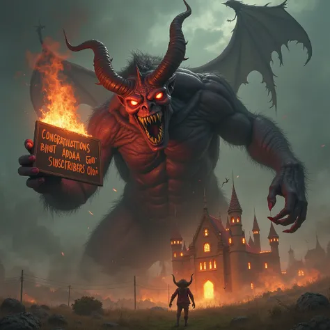 A big monster devil, his hand have board, board  inside written by CONGRATULATIONS BHOOT ADDAA 5000 SUBSCRIBERS, and devil all side have flaming fire, background have open field, darkies weather, one side have big horror Palace, Palace signboard written by...