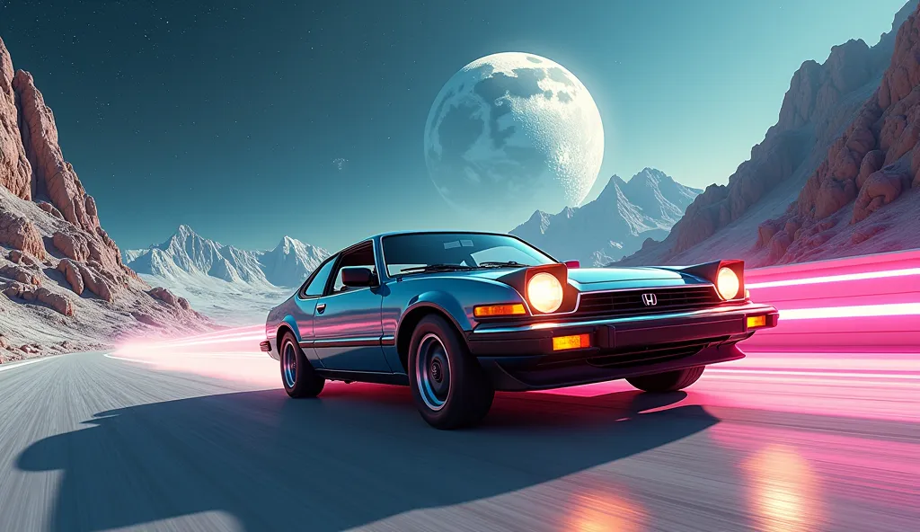 Honda Civic Old Car Race Arena on the Moon, with a view of the moon mountains in sponsorship "MEMETIC " disco ball.