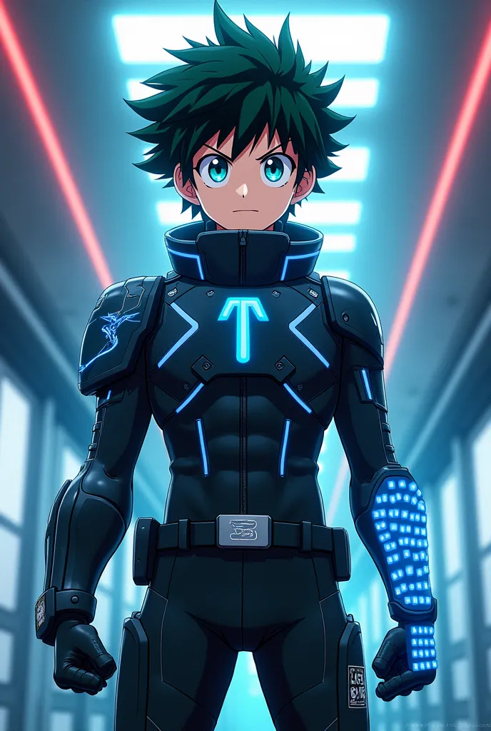  19-year-old boy ,  Whole body ( from head to toe), black hair,  kind face, black techno clothing with blue details, keyboard on the arm (futurist).  Boku style in Hero Academia 