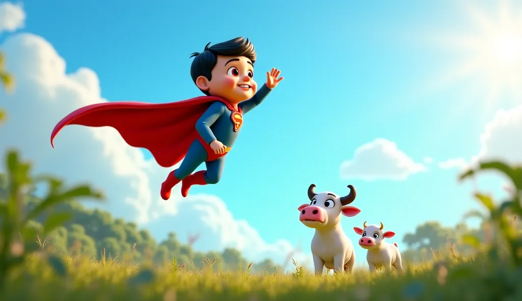 The 3D Pixar-style superhero flies up into the bright blue sky, his cape billowing behind him. Two 3D Pixar-style baby boys, Kaddo and Paddo, aged 5 and 6, with big red eyes, black hair, wearing red and blue pants, look up, waving goodbye with gratitude. T...