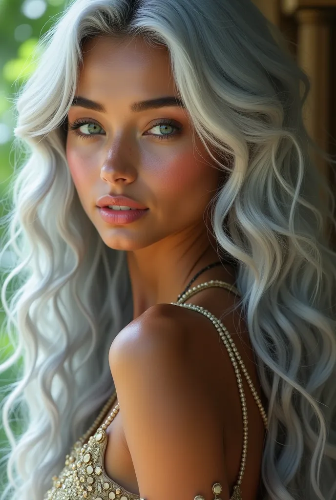 Create an image of a Young Indian woman with:- 

* Ageless beauty with porcelain skin
* Long, curly silver hair cascading down her back
* Piercing emerald green eyes that sparkle like gems
* Full lips painted soft pink
* Slender yet athletic figure, ...