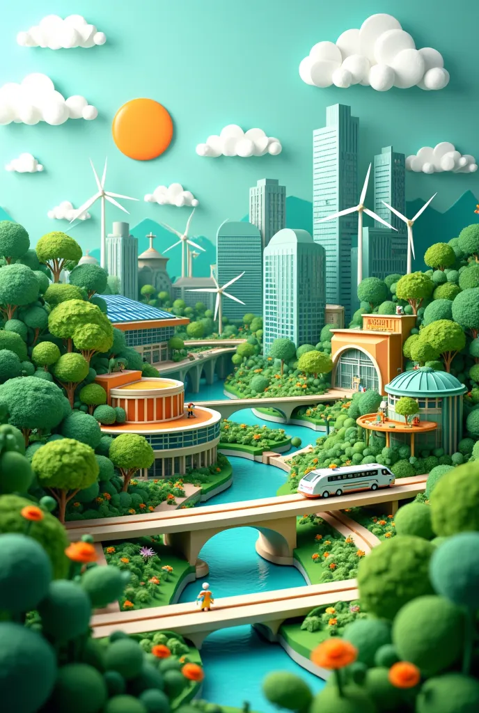 World Earth Day, green city and world filled with green leaves,  solar panels and wind turbine, modern buildings, High-speed rail, paper illustration, and 3d paper