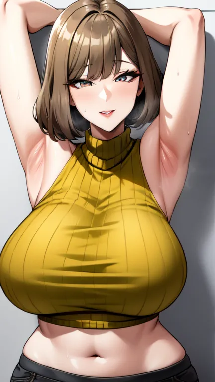 mature female,(large breasts:2.5),(shiny hair),((solo)),((masterpiece)),((best quality)),perfect anatomy,slim waist,perfect image,8k UHD,(beautiful detailed eyes:1.5),extremely detailed face,standing,(upper body:1.3),(look at the front:1.5),arms behindback...