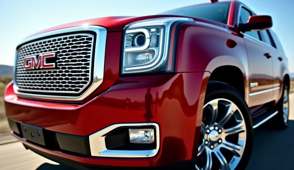 A close-up, eye-level shot of the 2025 GMC Yukon Denali Reserve in its striking Volcanic Red Tintcoat, focusing on the vehicle’s front fascia. The intricate chrome grille, aggressive LED headlamps, and sculpted hood make a powerful statement. The Denali ba...