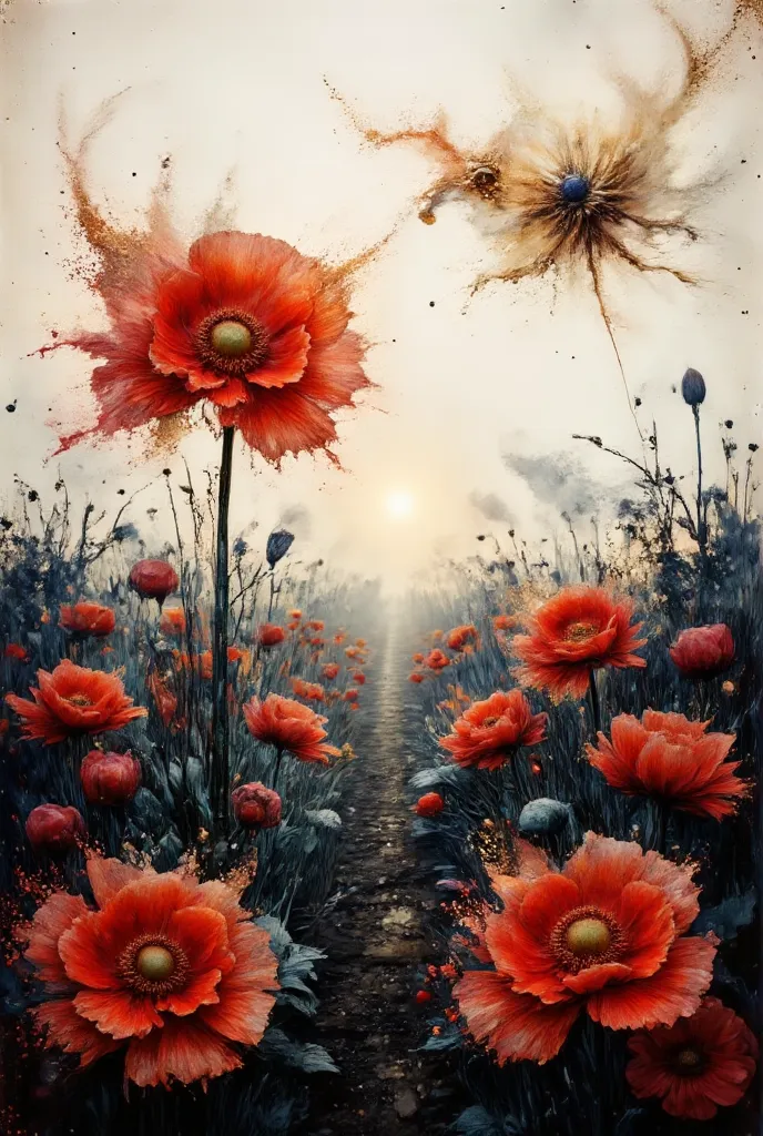 Contemporary digital art style featuring striking red poppy with hyper-detailed golden center and stamens, swirling wind carrying shimmering gold dust particles throughout the scene creating magical atmosphere, minimalist color palette of only white, black...