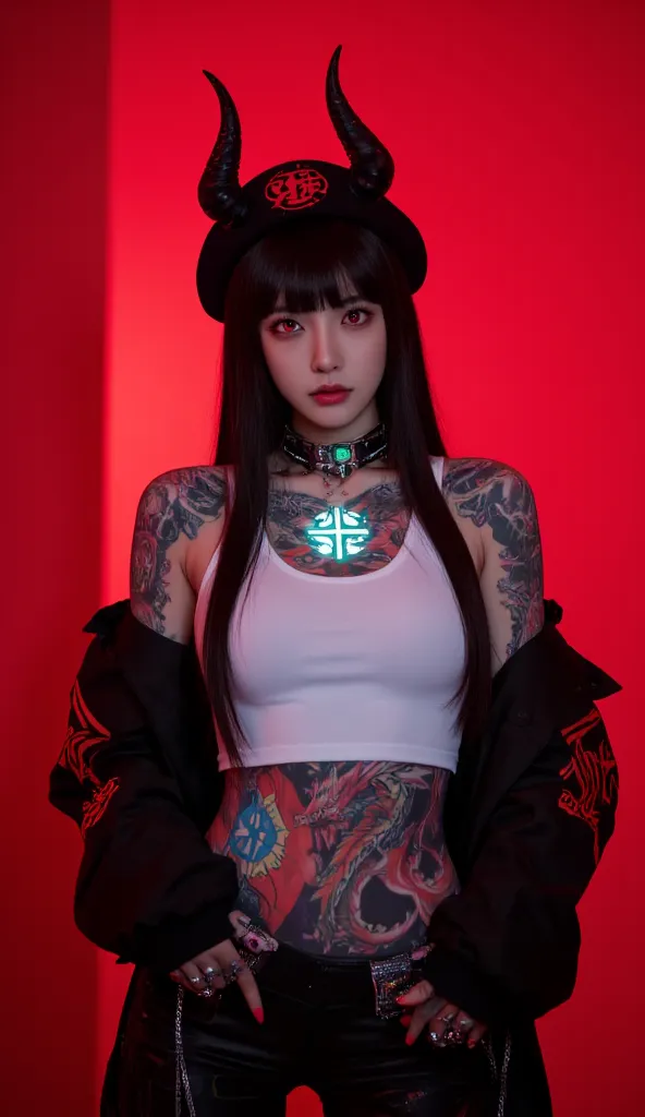 full body image ,
A futuristic-looking woman and cyberpunk, wearing edgy black clothes with red accents. x} He has long straight black hair with flat bangs, bright red eyes that appear to shine, as well as technology-themed accessories such as wires and me...