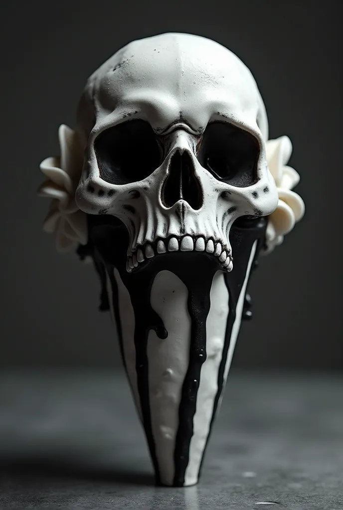 Make me an ice cream cone but let the cone have black and white lines, And the ice cream is black and white but bitter in the shape of a skull 