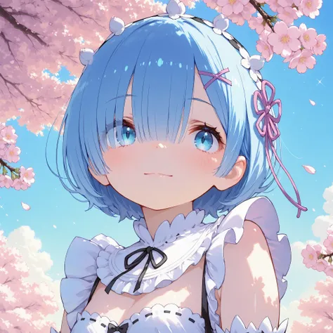 masterpiece, best quality, ultra-detailed,iro_mugen_illu,trk,Cute 1girl\(rem \(re:zero\),cyan eyes,light smile,shiny skin\),(dynamic pose:0.25) ,A soft, pastel-colored spring background filled with blooming cherry blossoms gently swaying in the breeze, del...