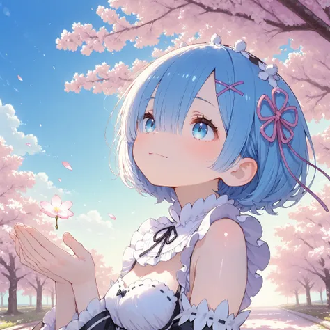 masterpiece, best quality, ultra-detailed,iro_mugen_illu,trk,Cute 1girl\(rem \(re:zero\),cyan eyes,light smile,shiny skin\),(dynamic pose:0.25) ,A soft, pastel-colored spring background filled with blooming cherry blossoms gently swaying in the breeze, del...