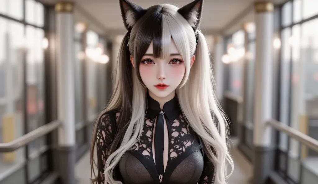 A beautiful girl with long black hair on the left side and white on the right side, wearing a suit, wolf ears and a fox tail. The background is a hall. Octane rendering, sexy and cool, super big breasts