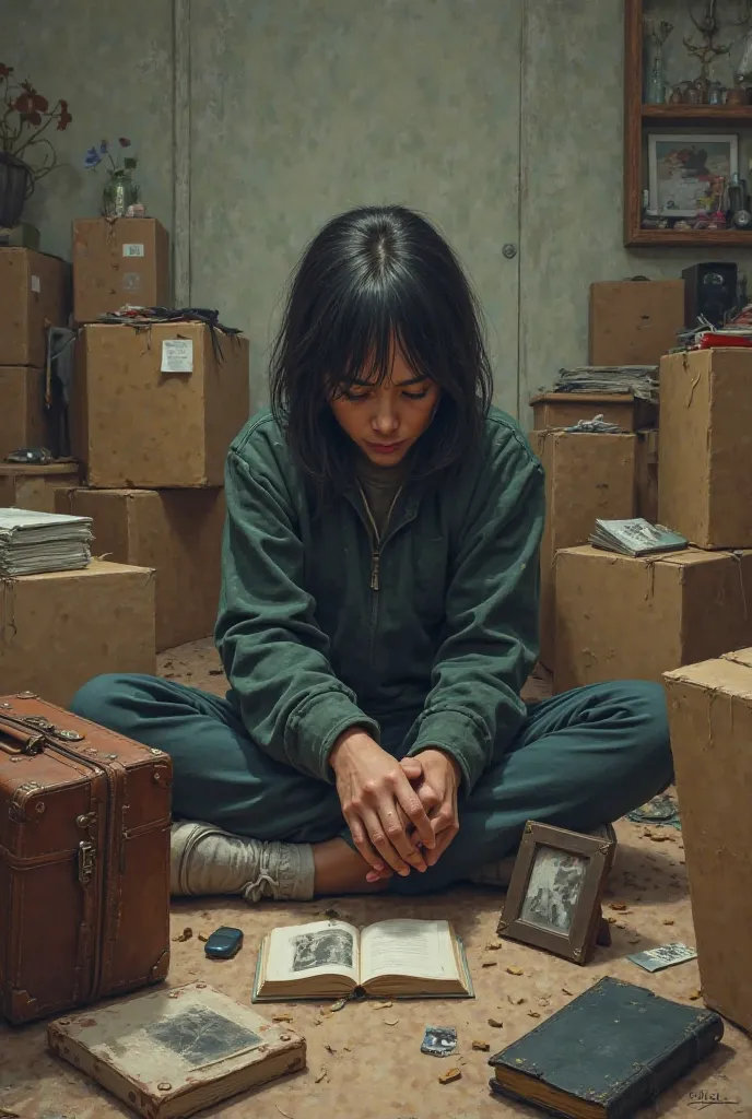 A character with an expression of sadness and determination, packing your things in a room, surrounded by boxes and personal items.